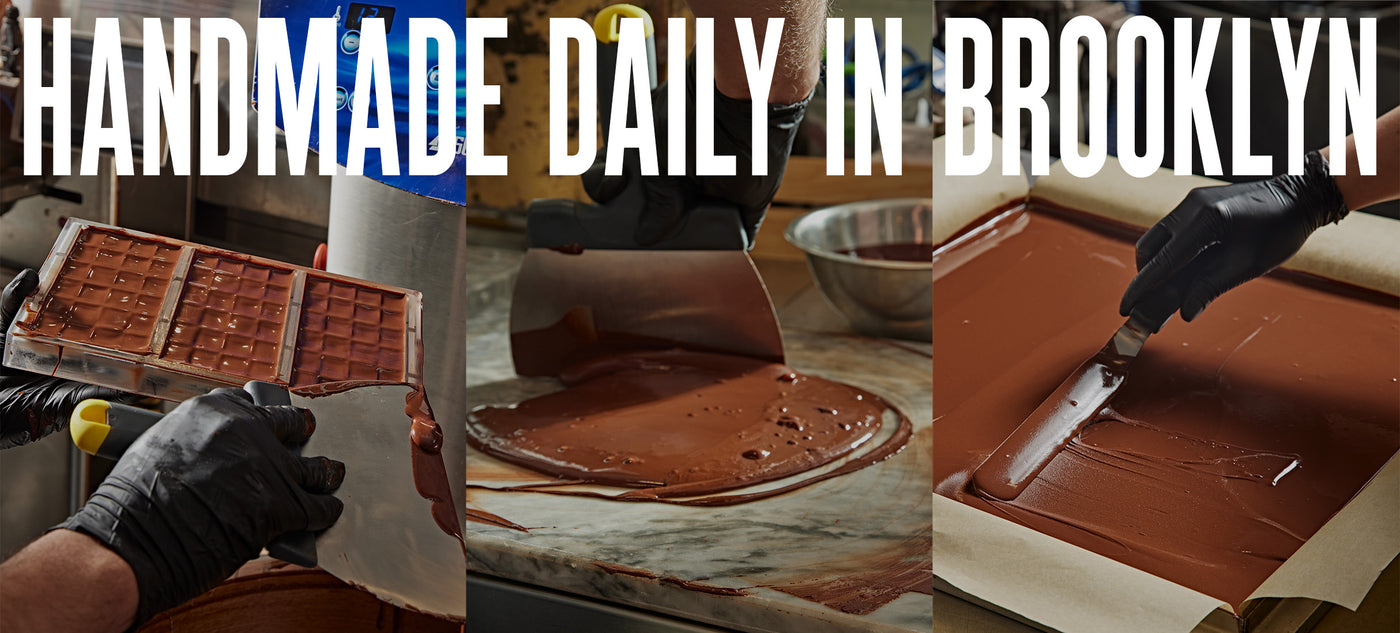 Three-step chocolate making process with text HANDMADE DAILY IN BROOKLYN.